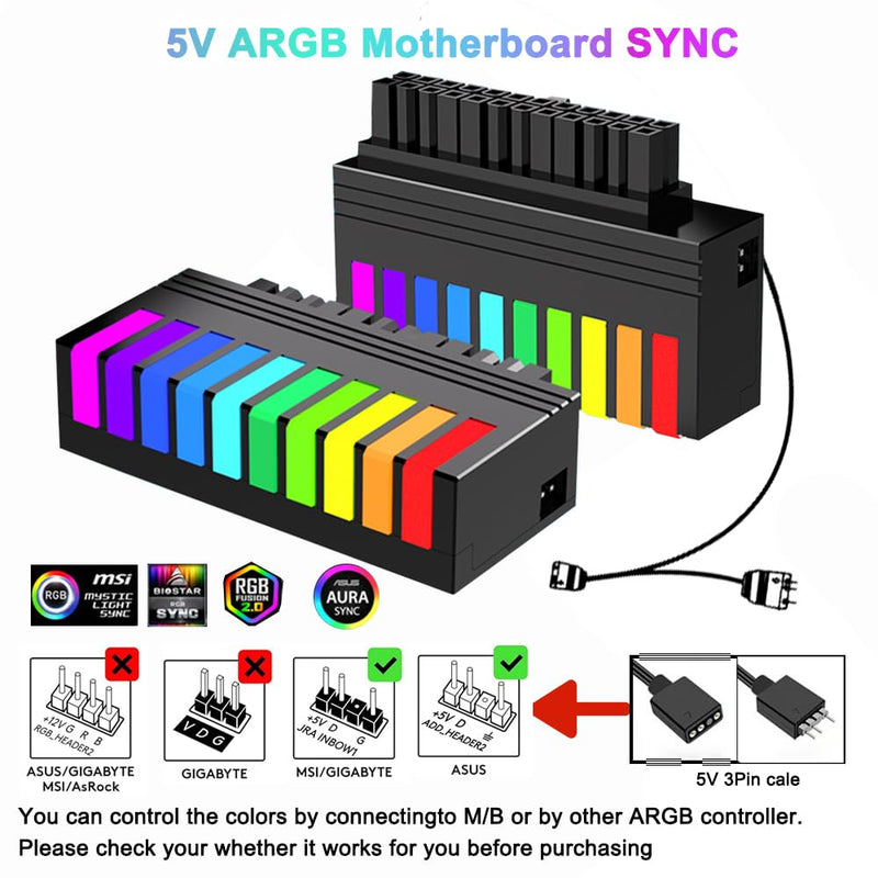 ATX 24 Pin 90 Degree Adapter, 5V 3PIN ARGB RGB 24Pin Right Angle ATX Female to Male Power Supply Adapter for 24PIN Motherboard (Black)