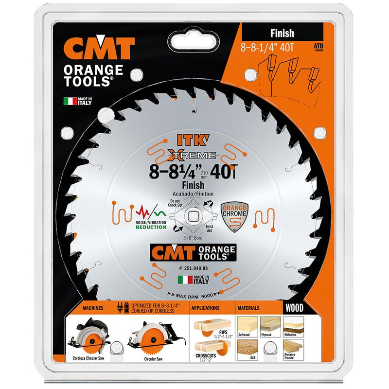CMT Orange Tools 251.040.08- ITK Fine Finishing Saw Blade D=8-8-1/4 B=5/8 ß=ATB 15 K=0.094 P=0.064 a=10