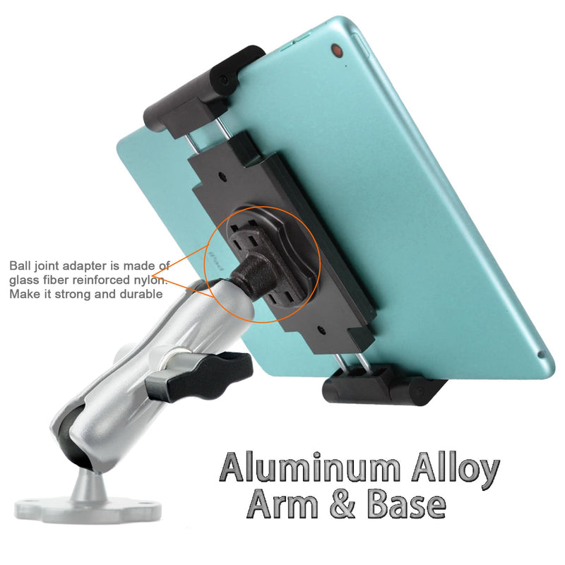 Aluminum Arm Heavy Duty Tablet Mount Drill Base - for 6.5"-12.9" Tablet iPad Pro/Mini, iPad Holder for Truck, Car,Dashboard,Desk,Wall-Swivel with 1 inch/25mm Ball Joint
