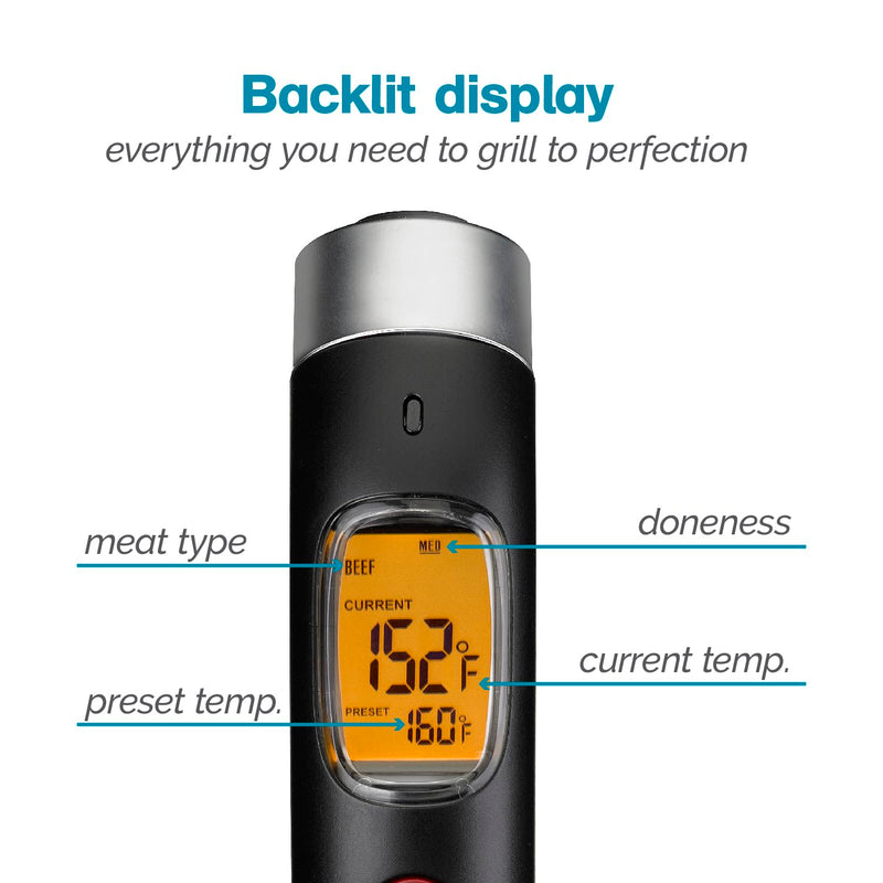 Polder Grill Partner Instant Read Thermometer for Grilling with Foldable 10" Probe, 10 Preset Temperatures and Built-in Torch Light