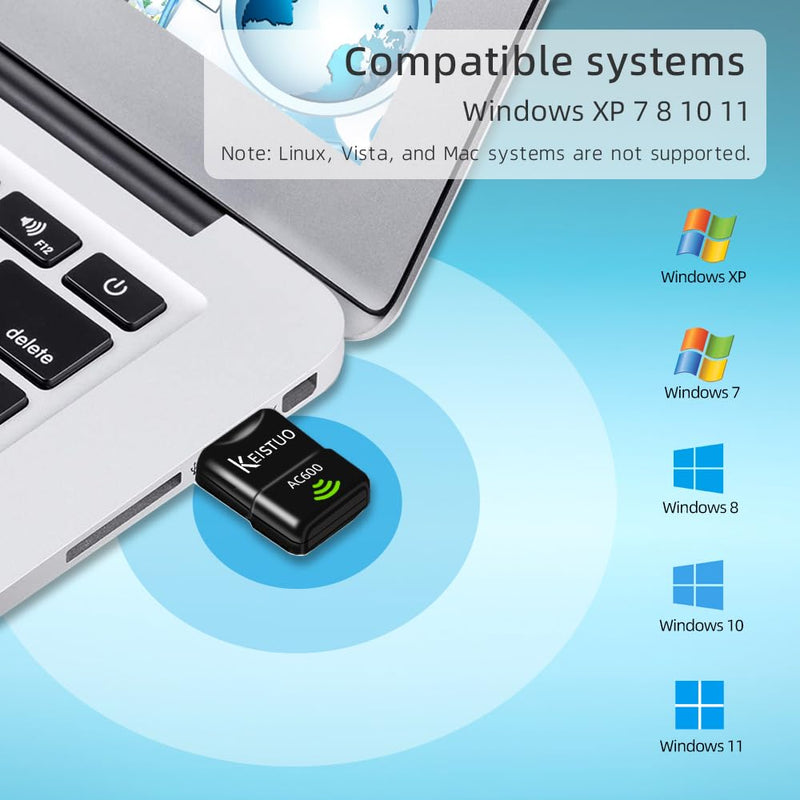AC600 WiFi Adapter for Desktop PC Laptop - Wireless Dongle for PC, Dual Band 2.4GHz/5GHz, Mini USB WiFi Adapter Compatible with Windows 11, 10, 8, 7, XP Computer System