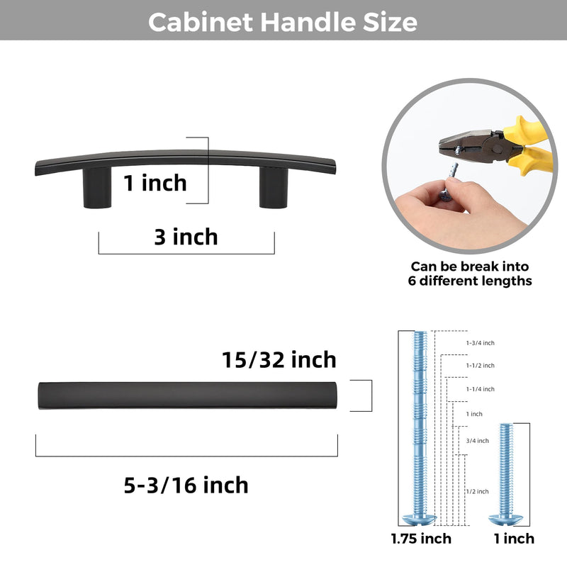 10 Pack Cabinet Handles 3" Hole Center - Curved Cabinet Pulls Black Drawer Pulls for Kitchen Cupboard Solid Hardware for Dresser Drawer Arch Hardware 10