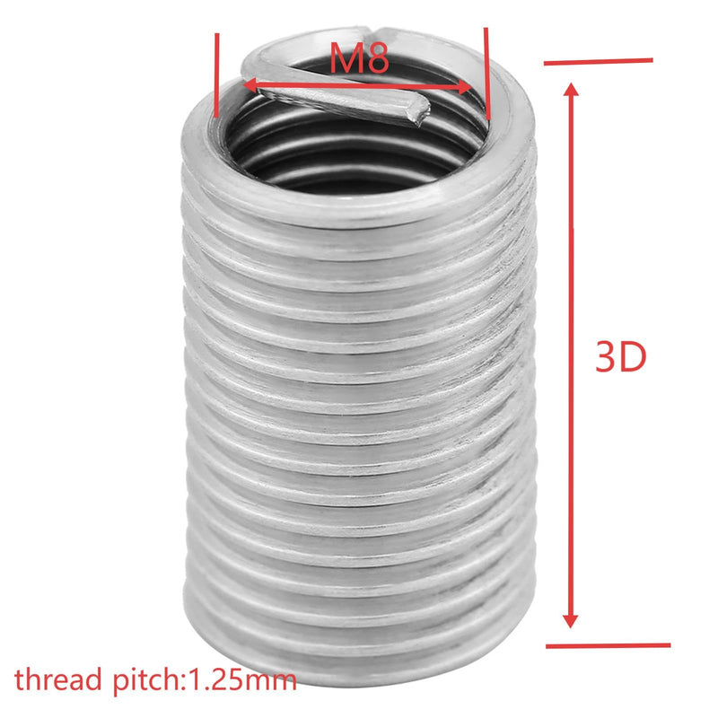 M8 x 1.25 x 3D Threaded Inserts, 10 Pieces Stainless Steel Helicoil Wire Thread Screw Inserts Repair Tool Set, for Automotive, Steam Turbines, Metal Plastic Processing Industry