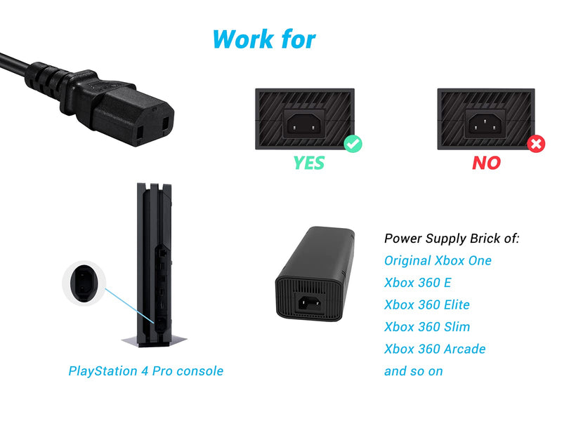 10FT Power Cord Compatible with Xbox 360 Slim, Xbox One, Xbox 360 E Power Supply Brick, Sony PS4 Pro Power Cable Replacement 10 Ft