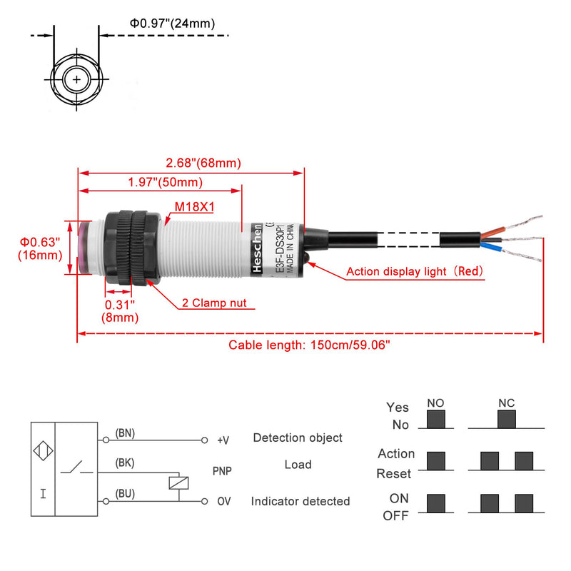 Heschen M18 Column Infrared Photoelectric Proximity Switch, Diffuse Reflection Type, E3F-DS30P1, Detection Distance 10-30cm, 10-30VDC 200mA, PNP Normally Open (NO), 3 Wires