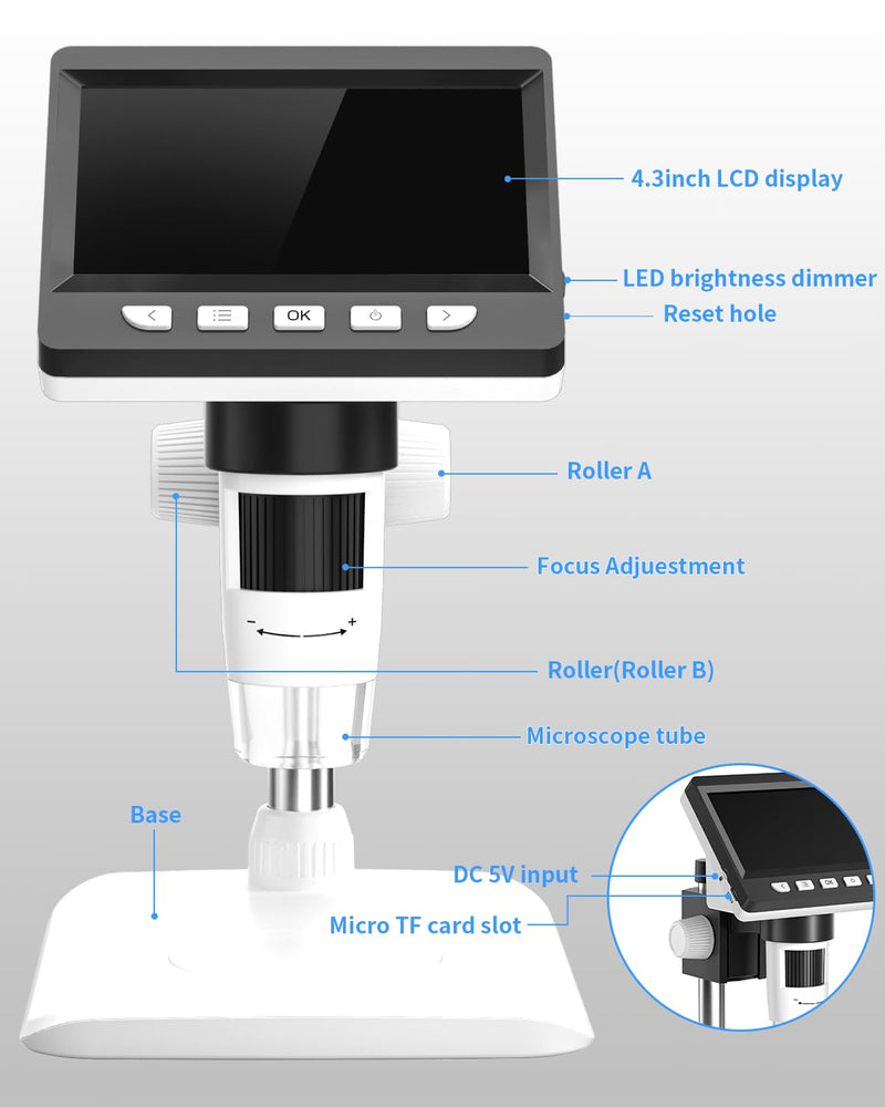 CIMELR 4.3 Inch Digital Microscope, 50X-1000X Resolution, USB Microscope with 8 Adjustable LEDs, Microscope for Adults / Children (307-B) 307-PL