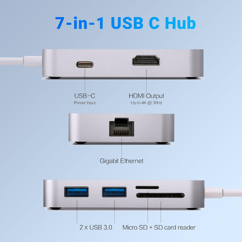 MINIX USB C Adapter, 7 in 1 USB C Hub with 4K 60Hz HDMI,Gigabit Ethernet, 2 USB 3.0, 100W PD Charging, SD/TF Card Reader, Compatible with MacBook Pro/Air, iPad Air/Pro, iMac, Laptop, PC, Grey 7-in-1 Hub Grey