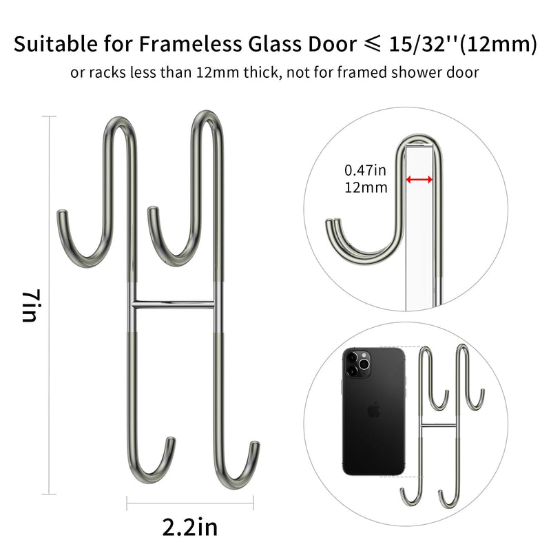 Over Shower Glass Door Hook, 2 Pack Silver 304 Stainless Steel Extended Shower Door Hooks, Bathroom Frameless Drilling-Free Hanger, Double Side Towel Hooks, for Bathing Suits, Robe, Loofah, Shaver 2PC