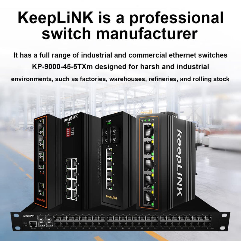 5-Port Industrial Ethernet Switch, Unmanaged 10/100Mbps DIN-Rail Network Switch, IP40, Operating Temperature Range of -30°C– 75°C (-22°F – 167°F) 5 port switch