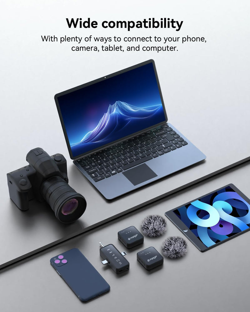 PQRQP 3 in 1 Microphone for iPhone/Android/Camera, Wireless Microphones, 328ft Transmission, 18H Battery Life, Mini Microphone for Record Interview, Vlogs, YouTube, Tiktok Ebony Black