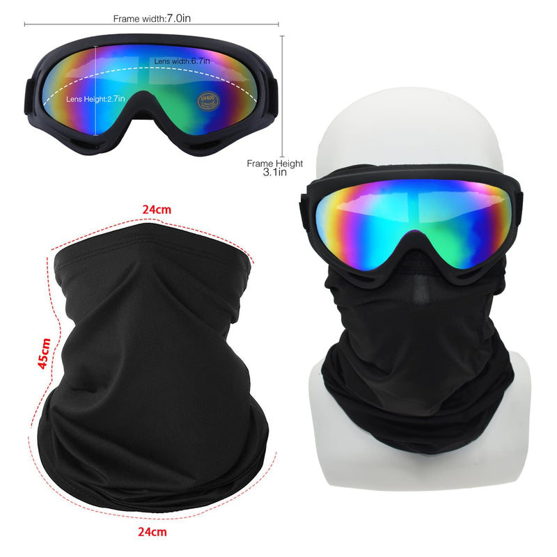 Motorcycle Goggles,2 Pack Dirt Bike ATV Motocross Riding Hiking Protective with 2 Pack Neck Breathable Bandana Mask Black Frame/Multicolor Lens