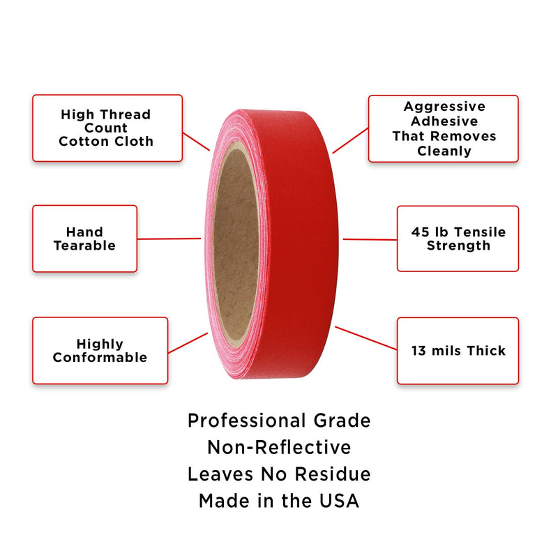 ChromaLabel Non-Reflective Multi Purpose Professional Grade Gaffer Tape Matte Finish, 15 Yards Per Roll, 1 Inch, Red 1" Wide