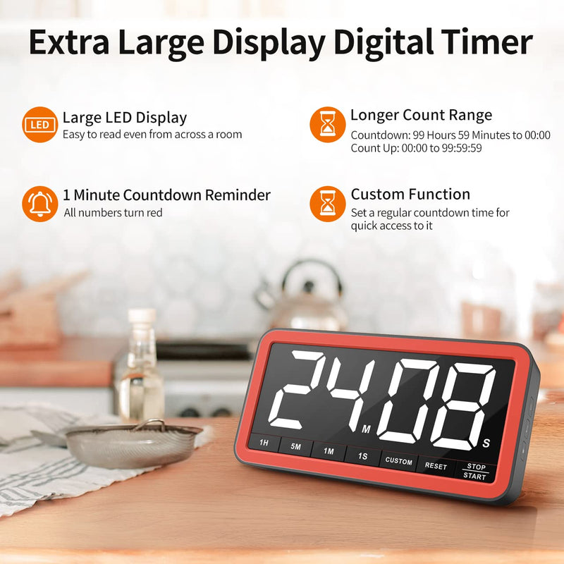 VOCOO Digital Kitchen Timer with 7.8” Extra Large Display, Magnetic LED, with 3 Brightness, 4 Alarms and 3 Volume Levels, Battery Powered Countdown Count Up Timer for Cooking, Classroom, Home Gym Black Red