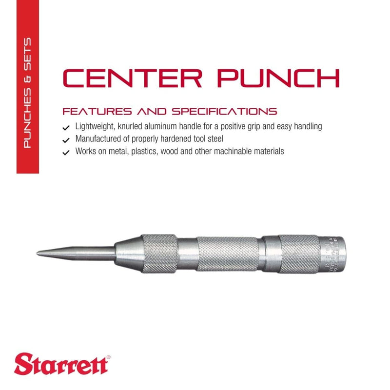 Starrett Automatic Center Punch, 5"(125mm) Length, 5/8"(16mm) Diameter | Adjustable Stroke, Lightweight with Knurled Aluminum Handle for Positive Grip, 818 125mm x 16mm