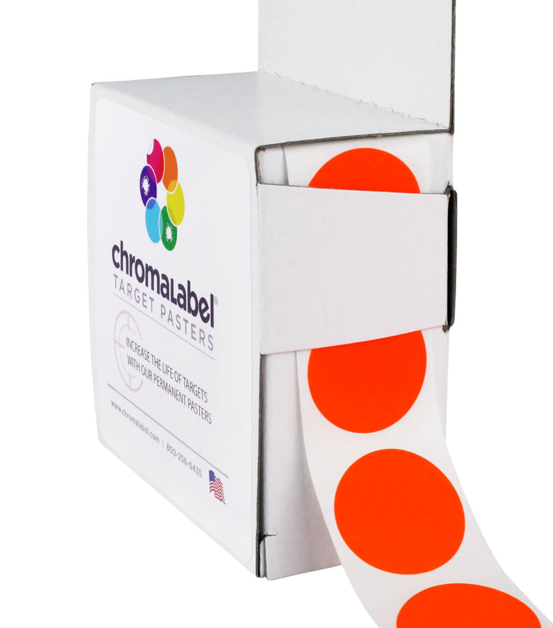 ChromaLabel 1 Inch Permanent Round Target Pasters for Shooting and Marksmanship, 1000 Labels per Dispenser Box, Fluorescent Red