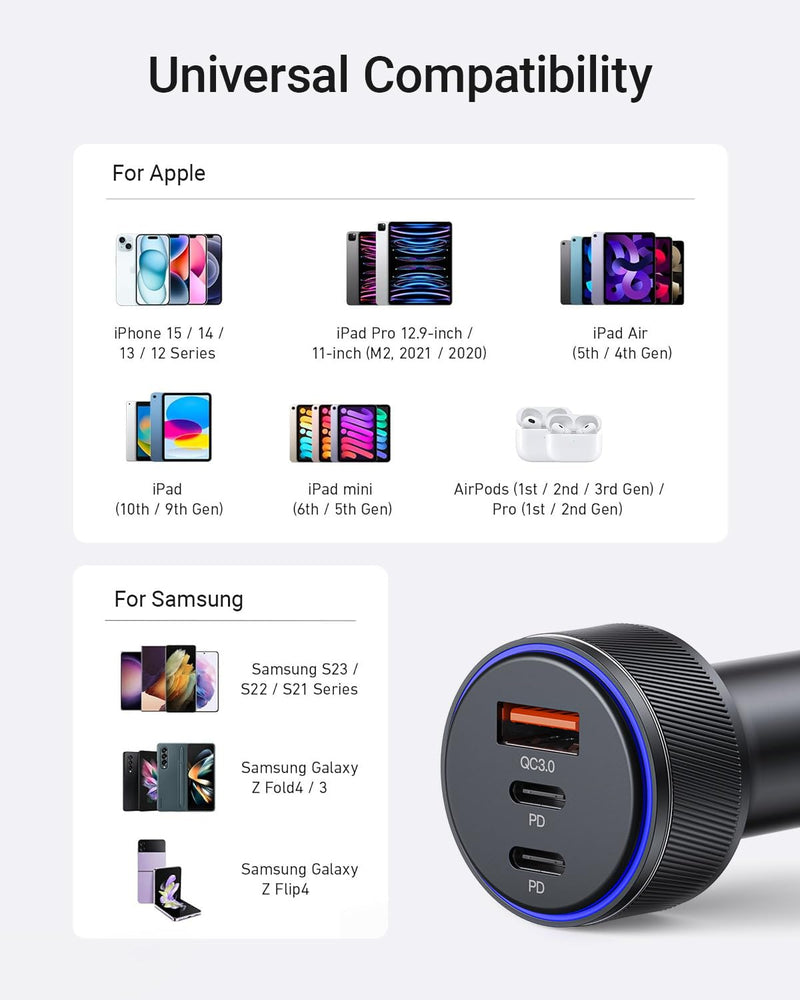 USB-C Car Charger, 3-Port 90W Fast Car Charger, Dual USB-C & USB-A Car Power Adapter, PD3.0 & QC3.0 Fast Charging for iPhone 15/14/13 Pro Max, iPad, MacBook and More 1