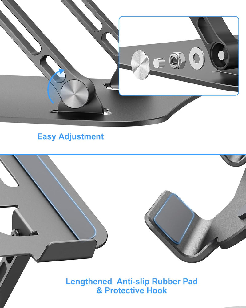 JUANWE Adjustable Laptop Stand, Aluminum Portable Laptop Riser Holder, Ergonomic Foldable Notebook Stand with Heat-Vent, Compatible for MacBook Pro, ASUS, Acer, Dell, HP (10-16'') Black