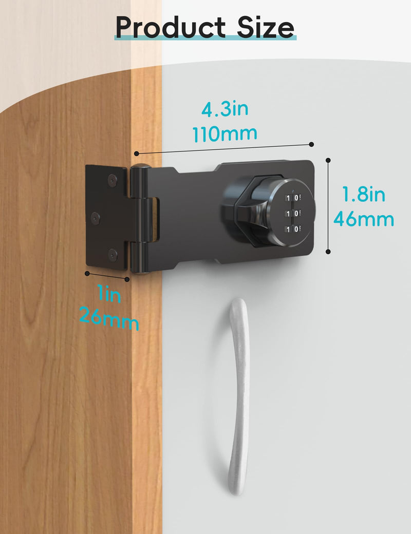 Cabinet Password Hasp Lock, Keyless Combination Lock for Small Doors, Bathroom, Outdoor, Garage, Black, 2 Pack