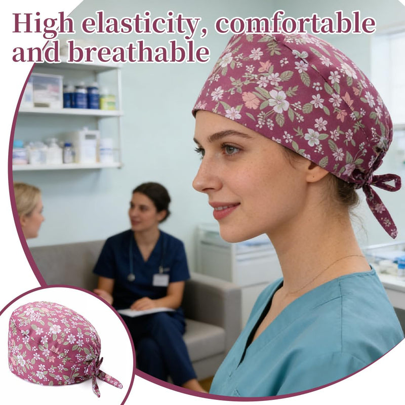 Nurse Headwear, 1 Pink Surgical Cap for Women, Adjustable Cotton Pattern Fabric Bonnet, Unisex Dust Hood
