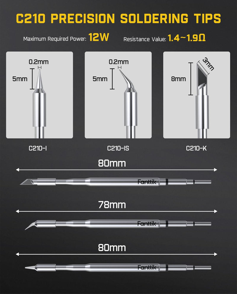 Fanttik C210 Soldering Iron Tips, Replacement Solder Tips for T1 Max, C210-K/I/IS, Rapid Heating, Minimum Required Power 12W, Solder Bits for Soldering Iron (6) 6