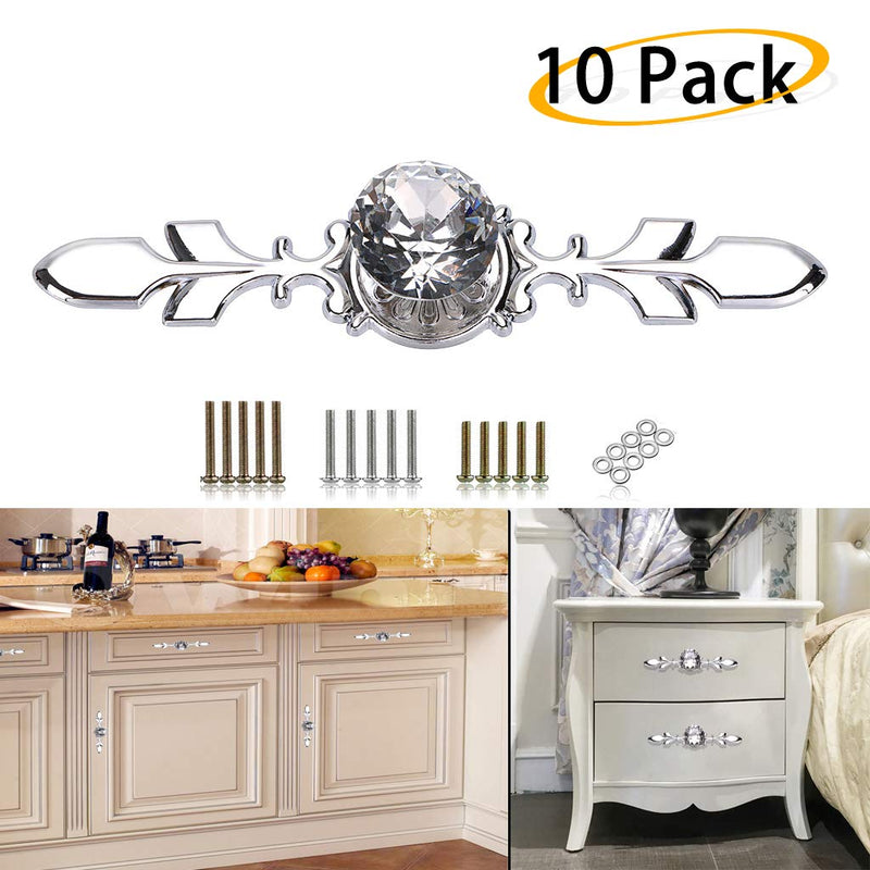 Sumnacon Drawer Dresser Knobs Pull Handles - Crystal Glass Diamond Decorative Knobs with Plate, Cabinet Cupboard Door Knobs with Screws for Kitchen Bathroom Office Decoration Pack of 10 6.7 Inch Silver