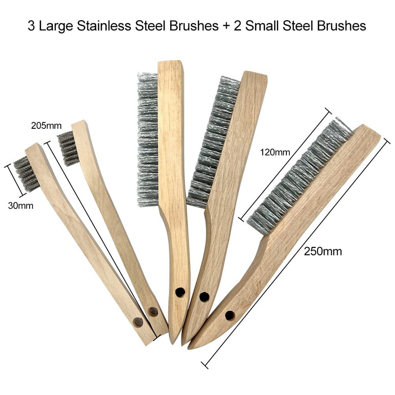NICAVKIT 5-piece hand wire brush set, wire brushes with wooden handle, 3 x large stainless steel brush 250 mm, 2 x small stainless steel brush 205 mm, metal brush hand wire brush set for metal, wood, grill