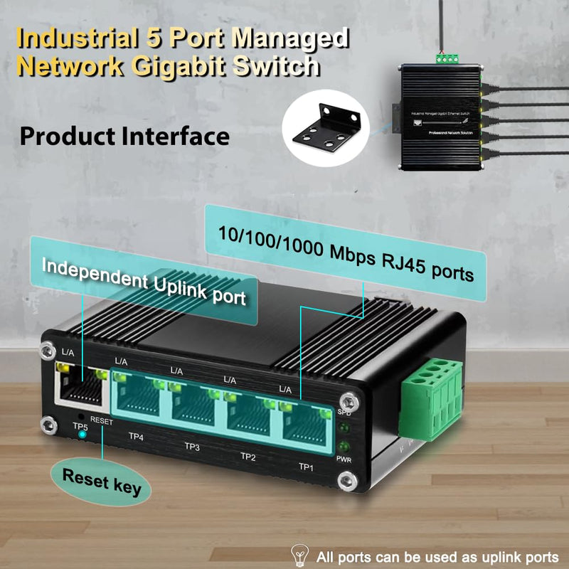 Mini Managed Industrial 5-Port Gigabit Ethernet Switch 5×10/100/1000BASE-T RJ45 Switch Support Web Management,QoS,Vlan Din Rail /Wall Mount Easy Smart Managed Network Switch Managed 5-Port Switch