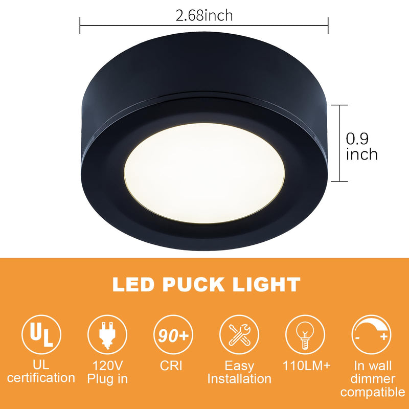 LUMILAND Wired LED Puck Lights 120V (2.7Wx5) Plug-in Lighting Warm White, LED Cabinet Light for Kitchen Can Be Surface Mount or Recess Mount, Black Black-5 Pack 3000K