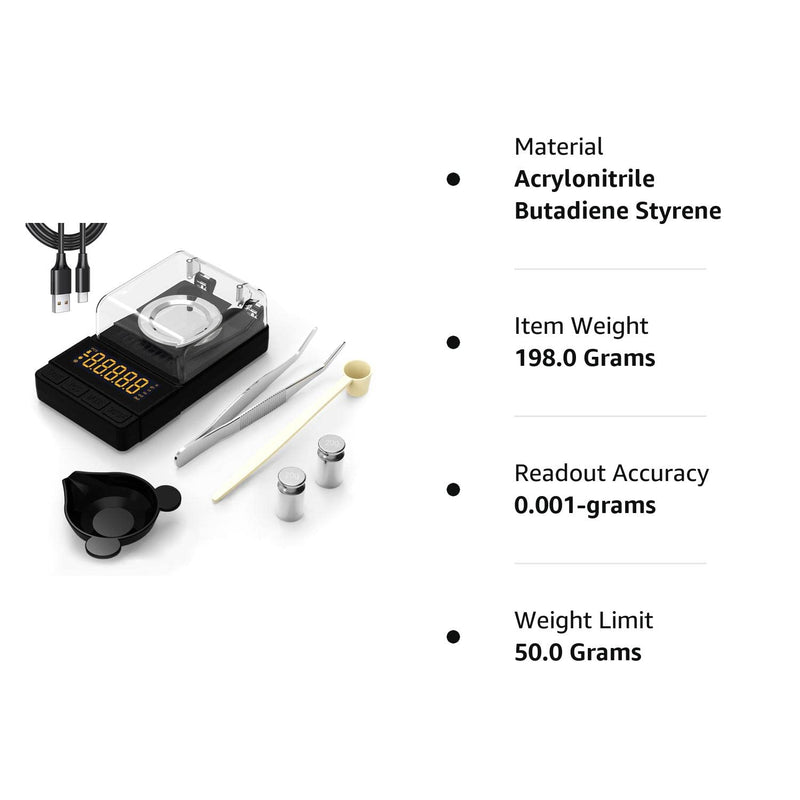 Reloading Scale 50 x 0.001g High Precision Gem Scale Supplement Powder Scale Milligram Includes 20g Calibration Weight, 2 Scoops, 4 Weighing Powder Pans Tweezers Read in Grain Gram Carat DWT oz ozt Silver
