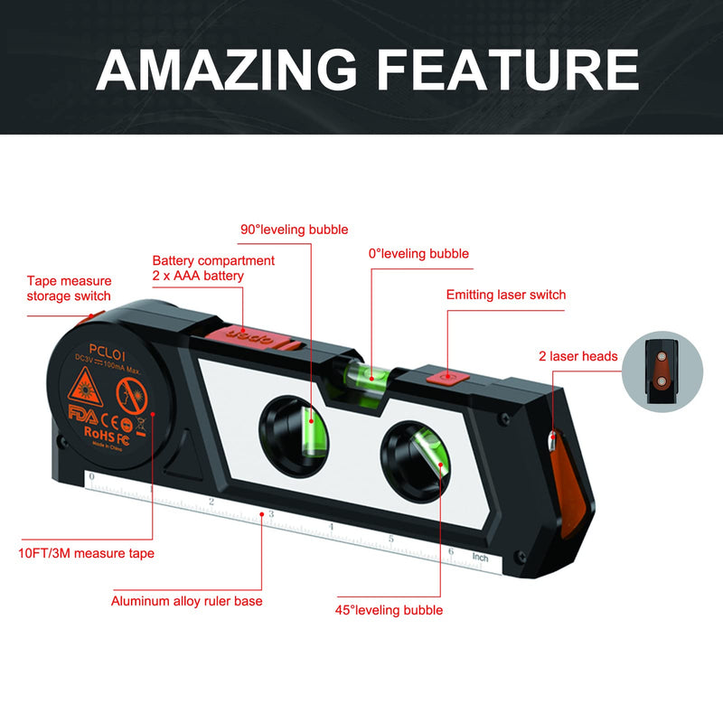 Laser Level Line Tool, 4 in 1 Multipurpose Standard Cross Line Laser Level, 10ft/3M Measure Tape Ruler, 3 Mode Laser Line,3 leveling bubble and Ruler Base for Picture Hanging, Home Renovation