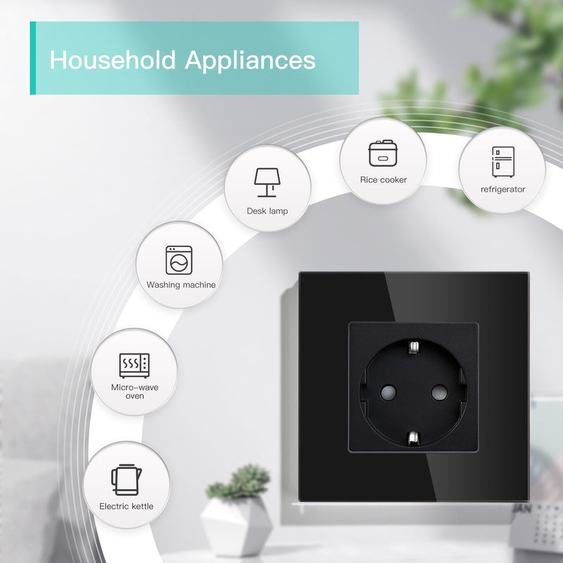 BSEED Schuko socket 1 compartment crystal glass plate socket glass flush-mounted single socket 16Amp socket 86mm extension sockets wall socket black