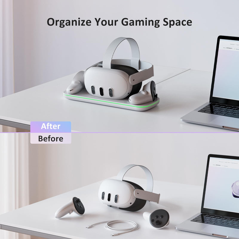 NexiGo Charging Dock (Gen 5) for Meta Quest 3, VR Charging Station with LED Light [On/Off] for Oculus Quest 3, Charger Display Stand with 2 Rechargeable Batteries, USB-C Cable, White Quest3