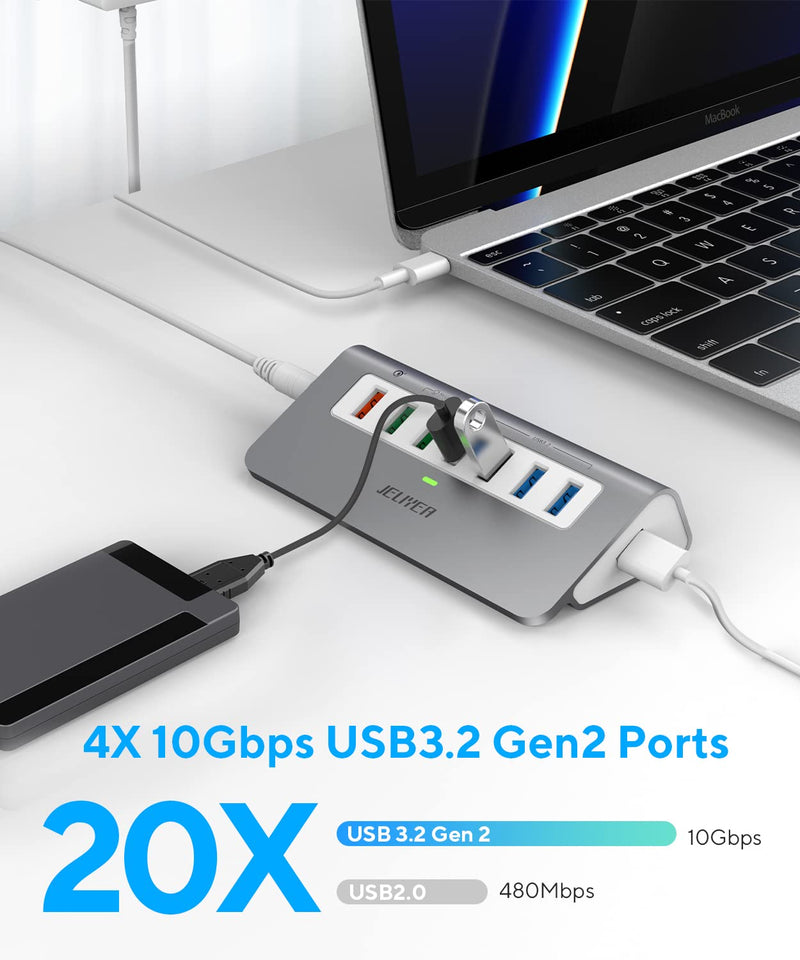 Powered USB-C 7-Port Hub, USB 3.2 Gen 2 Adapter - 4x 10Gbps Data, 3x 3.3ft Charging Ports, 30W Power Adapter for Laptop, PC, MacBook 7 Ports with Charger