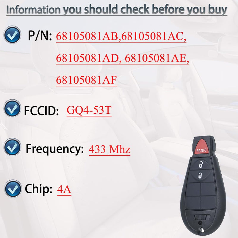 Key Fob Fobik Style Keyless Entry Fits for Jeep Cherokee 2014 2015 2016 2017 2018 2019 2020 Remote Control Key Replacement GQ4-53T (4A Chip) 68105081 3 Button 433MHz