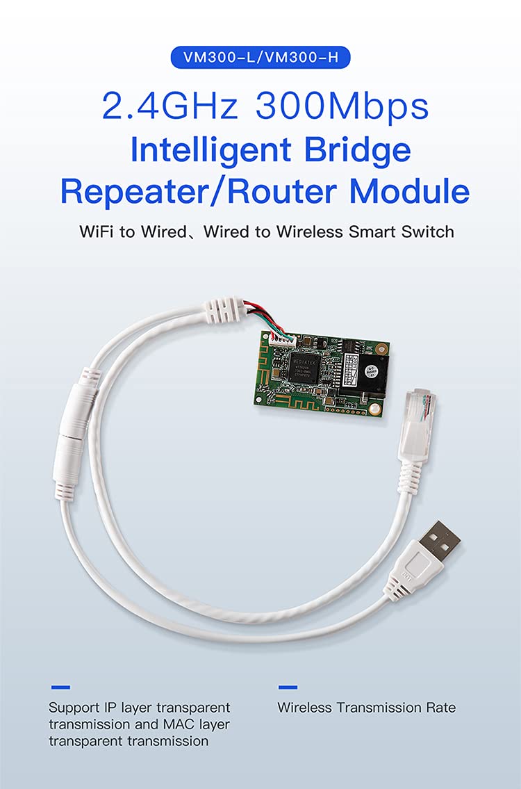 VONETS WiFi Module/Wireless Ethernet Bridge/Repeater/Mini Router/2.4GHz Hotspot Signal Booster/Extender/Amplifier AP 2 RJ45 Ports, USB/DC Powered for DIY Industrial Engineering Network Devices VM300-L 2.4G