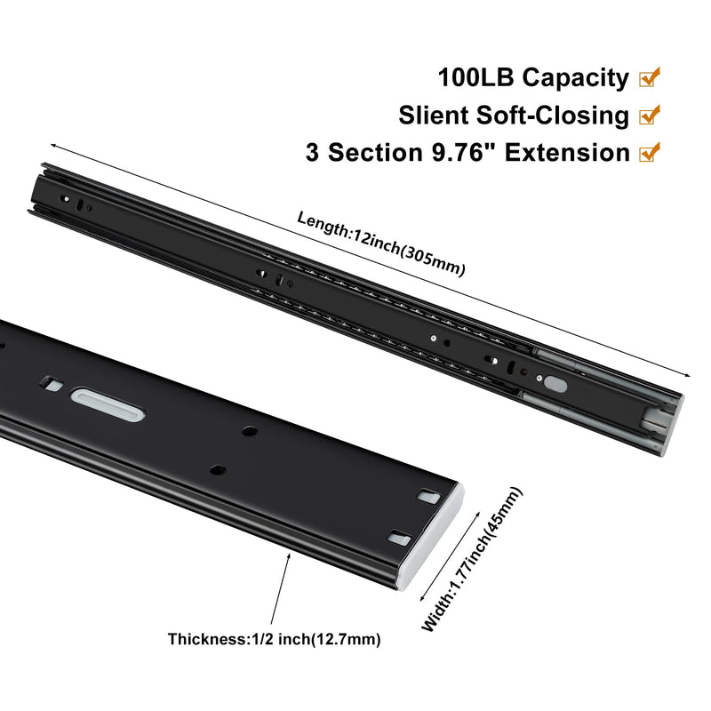 LONTAN 12 Inch Soft Close Drawer Slides Side Mount Dresser Drawer Glides 2 Pair Black 9.76" Extension Ball Bearing Heavy Duty Rails for Cabinets Drawer Hardware 100LB Capacity