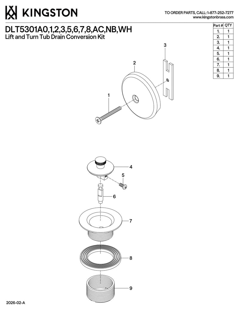 Kingston Brass DLT5301A6 Made to Match Twist and Close Tub Drain Conversion Kit, Polished Nickel 3.13 x 3.13 x 2.75
