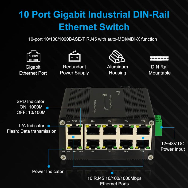 Industrial 10 Port Gigabit Ethernet Switch, RJ45 10/100/1000Mbps Mini Din Rail Mount Ethernet Switch, 12-48V DC Hardened Unmanaged Network Switch 20Gbps Switching Capacity 10 RJ45 Switch