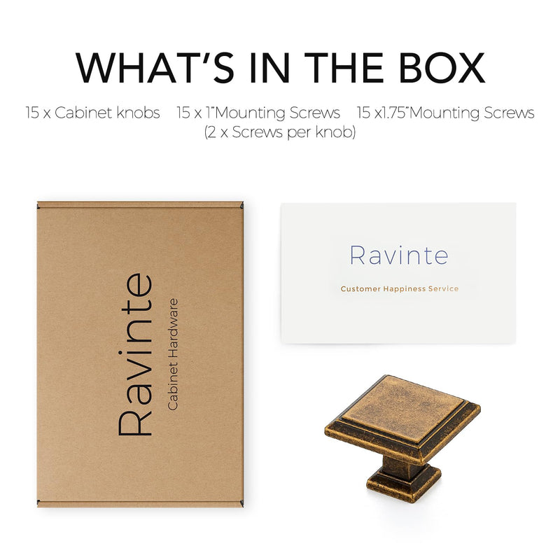 Ravinte 15 Pack 1-3/16 Inch Antique Brass Kitchen Square Cabinet Knobs Solid Drawer Pulls Single Hole Kitchen Cabinet Hardware Knobs for Cabinets and Drawers