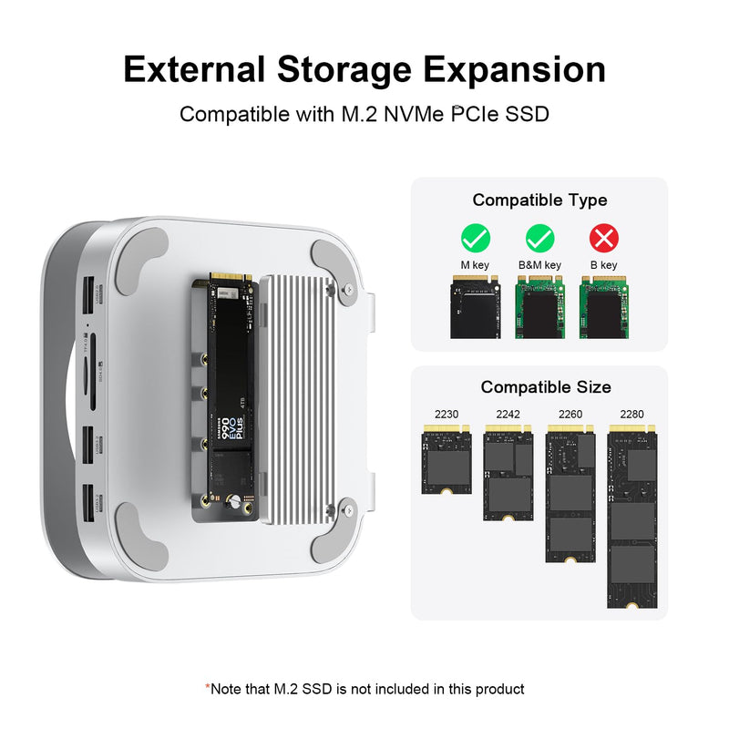 Qwiizlab Aluminum Stand Hub for Mac mini M4/M4 Pro, Docking Station with with NVMe SSD Enclosure, 2 USB-A 10Gbps, TF/SD 4.0 Card Readers 312MB/s, USB-A 2.0, Fits M.2 NVMe SSD up to 8TB