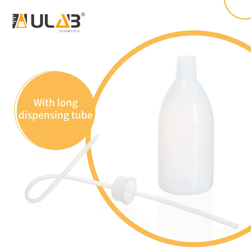 ULAB 6pcs of Vol.500ml (16oz) Wash Bottle, Narrow Mouth Squeeze Bottles, LDPE material, with Long Dispensing Tube, UWB1026 6pcs of 500ml with long tube