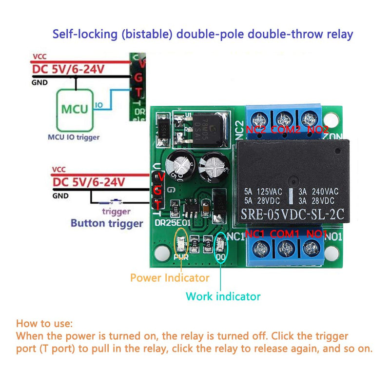 DC 6-24V 5A DPDT Relay Module Switch DR25E01 Stable Double Pole Self-Locking Double Swivel Bistable Relay Board High Safety for LED Motors(DC6-24V) Dc6-24v