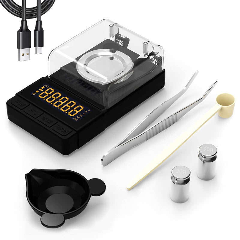 Reloading Scale 50 x 0.001g High Precision Gem Scale Supplement Powder Scale Milligram Includes 20g Calibration Weight, 2 Scoops, 4 Weighing Powder Pans Tweezers Read in Grain Gram Carat DWT oz ozt Silver