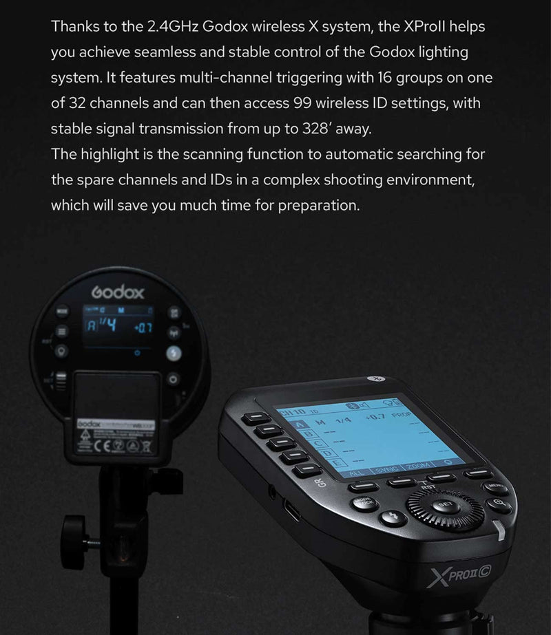 Godox XProII-C E-TTL Wireless Flash Trigger Compatible with Canon Cameras, 2.4G HSS 1/8000S Bluetooth Connection Transmitter, Quick Hotshoe Lock (Upgraded XPro-C)