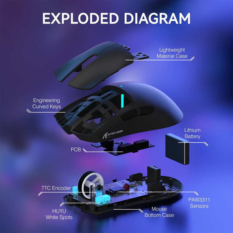 ATTACK SHARK X11 Lightweight Wireless Gaming Mouse with RGB Charging Dock,Tri-Mode-2.4G/USB-C Wired/BT,Up to 22K DPI,PAW3311 Optical Sensor,HUYU Switch, 5 programmable Buttons for PC/Mac(Black) Black