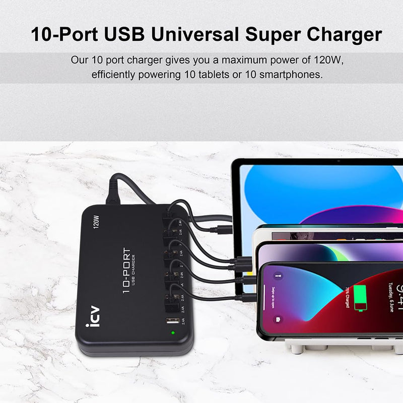 icv 120W USB Charging Station 10 Port Multi USB Desktop Charging Hub 5V 2.4A Wall Fast Charger for iPhone 14 13 12 11 Samsung Galaxy S21 S20, Black
