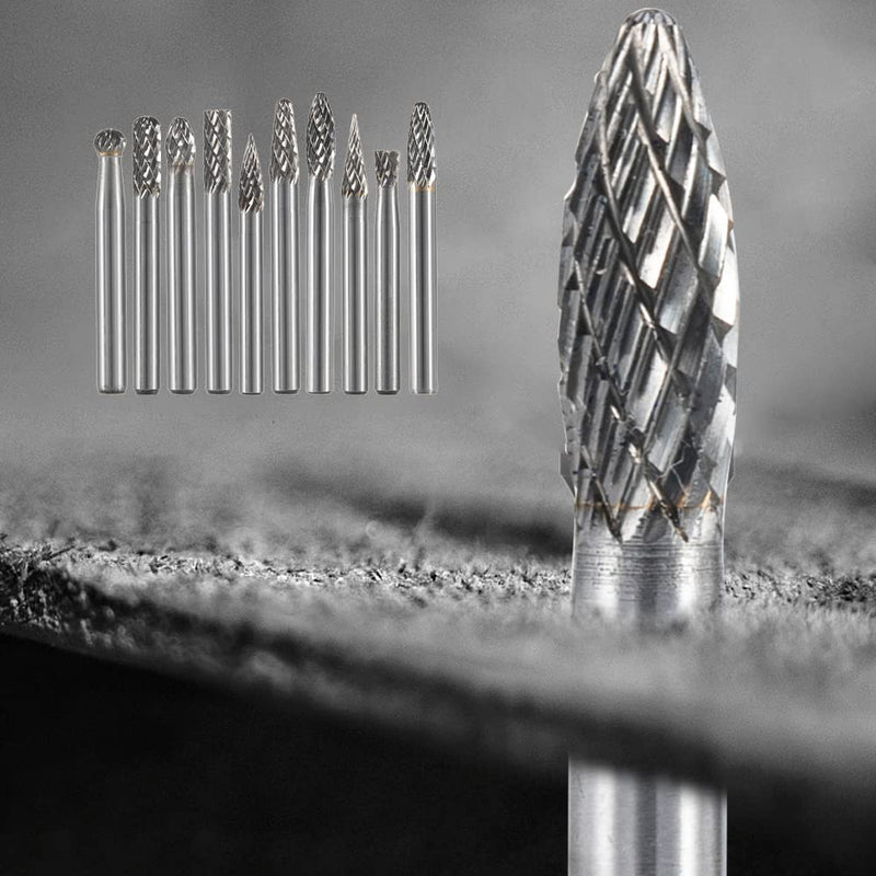 HIDOTOL Carbide Burr Set 10PC 1/4" Shank – 6mm Tungsten Double Cut Carbide Rotary Burr Set for Metal and Wood Carving, Grinding, Polishing, Engraving, Drilling. 10PC - 1/4 shank 6mm