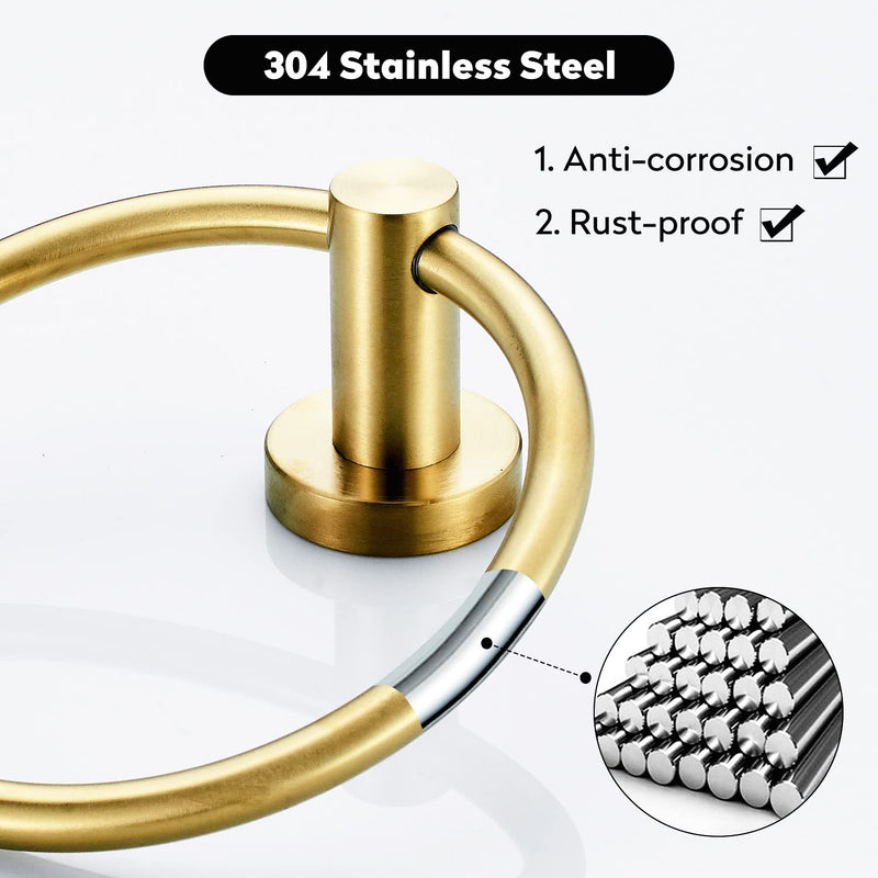 BATHSIR Brushed Gold Toilet Paper Holder & Hand Towel Holder Wall Mount 2 Pieces, Single Post Pivoting Round Modern Bathroom Hardware Towel Ring Toilet Tissue Holder, Bathroom Accessories Set Gold 3