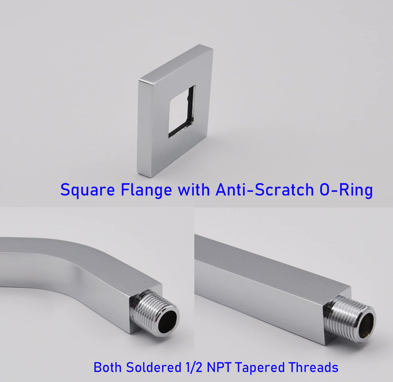 Square Shower Arm and Anti-Scratch O-Ring Flange, 8 inch, Heavy-Duty Solid Brass, Both Soldered 1/2-14 NPT Tapered Threads, Wall Mount Shower Head Extension Arm (Polished Chrome) Polished Chrome