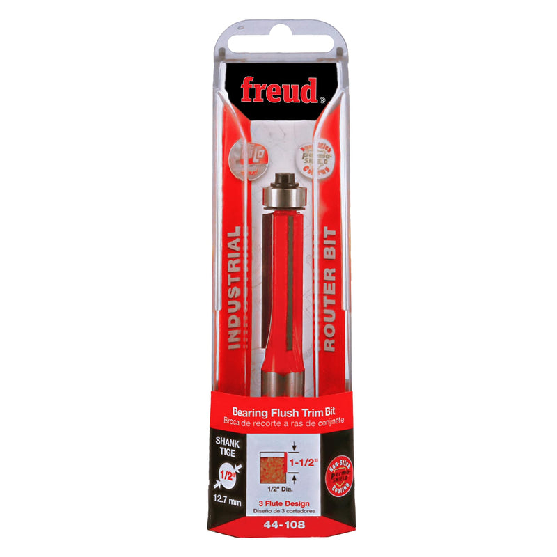 Freud 44-108: 1/2" (dia.) Bearing Flush Trim Bit with 1/2" shank, 1-1/2" carbide height One Size 44-108 1/2-Inch Diameter 3-Flute Flush Trimming Router Bit with 1/2-Inch Shank